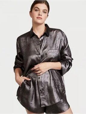 Victoria's Secret Satin Long-Sleeve Short Pajama Set Black Foil Small